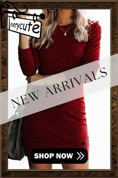 Red Long Sleeve Wrap Hem Mini Dress Fall Crew Neck Solid Color Dress, Fall Crew Neck Dress In Solid Color, Solid Color Crew Neck Dress For Fall, Crew Neck Mini Dress For Night Out In Fall, Red Solid Knee-length Mini Dress, Casual Burgundy Dress For Fall, Red Long Sleeve Mini Dress For Winter, Casual Solid Color Mini Dress For Winter, Non-stretch Red Mini Dress