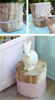 there is a small white rabbit sitting on top of a tree stump with tape around it