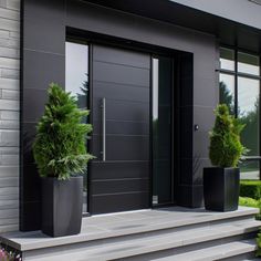 two large planters are on the steps in front of a modern building with black doors