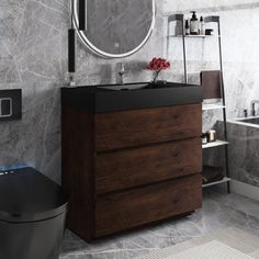 a bathroom with marble walls and flooring, including a black toilet seat and sink