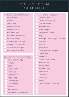 the college dorm checklist is shown in pink