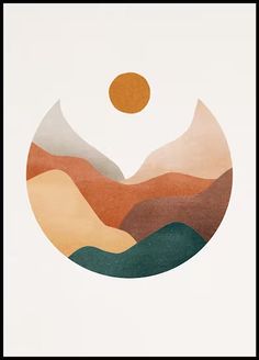 an abstract painting with mountains and a sun in the middle, on a white background