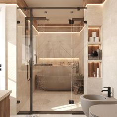 a bathroom with two sinks and a bathtub in it's center, surrounded by shelving