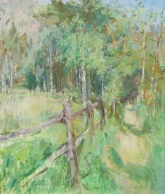 an oil painting of a fence in the woods