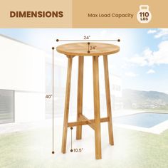 a wooden stool with measurements for the top and bottom legs, sitting in front of a pool