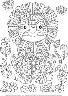 a coloring page with a lion surrounded by flowers and butterflies