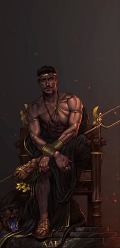 a man sitting on top of a chair next to a fire place with an arrow in his hand