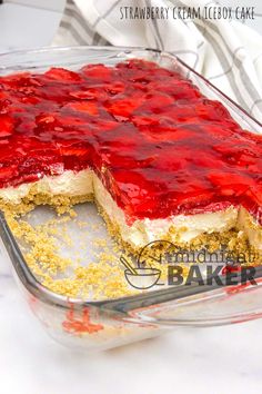 strawberry cream dessert cake in a glass dish