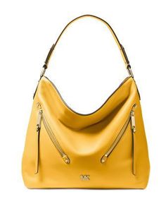 The classic snap-closure Evie hobo looks chic from every angle in supple leather and zip pockets styled on the diagonal.14-1/2"W x 12-3/4"H x 5"D (width is measured across the bottom of handbag)9"L single handleSnap closurePale gold-tone exterior hardware & 2 front zip pockets1 interior zip pocket & 8 slip pocketsLeather; lining: polyesterColor: Sunflower Swag Bag, Michael Kors Collection, Leather Hobo Bag, Pale Gold, Looks Chic, Mellow Yellow, Hobo Handbags, Handbags Michael Kors, Leather Hobo