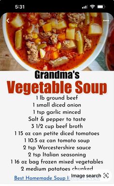 the recipe for grandma's vegetable soup is displayed on an iphone screen with text