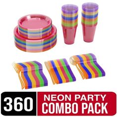 neon party combo pack with plastic cups and napkins