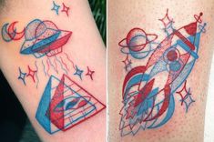 two different tattoos on the legs of people, one with an alien and another with a spaceship