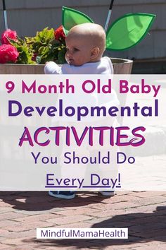 a baby sitting in a flower pot with the words 9 month old baby developmental activities you should