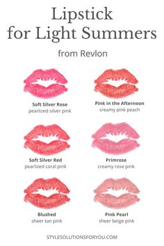 Here's a few lipstick color suggestions from Revlon. They are reasonable priced and have a large selection of colors to choose from. I prefer the Super Lustrous formula because it's moist and feels great on my lips. To learn more about the 16 color seasons, sign up for a free color guide today. #revlonlipstick #lipstickcolors #seasonalcoloranalysis Autumn Lipstick Colors, True Spring Lipstick, Spring Lipstick Colors, True Spring Makeup, Autumn Lipstick, Winter Lipstick Colors, True Winter Palette