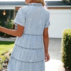 Elevate your casual wardrobe with the Anna-Kaci Women's Casual Short Sleeve High Waist Button Down Tiered Denim Shirt Dress, a versatile piece that doubles as a loose denim coat. Designed to flatter any body shape, this dress features a front button design for easy wear and a back tiered design with a subtle high-low hemline for a modern twist on a classic silhouette. Casual Washed Blue Short Sleeve Denim Dress, Casual Washed Blue Denim Dress With Short Sleeves, Summer Washed Button-up Shirt Dress, Short Sleeve Washed Denim Spring Dress, Short Sleeve Washed Denim Dress For Spring, Washed Short Sleeve Denim Dress For Spring, Washed Denim Spring Dress With Short Sleeves, Casual Washed Shirt Dress For Spring, Casual Washed Denim Dress With Short Sleeves