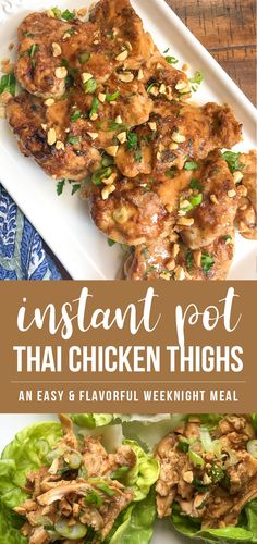 chicken thighs in lettuce leaves on a plate with text overlay that reads instant pot thai chicken thighs an easy and flavorful weeknight meal