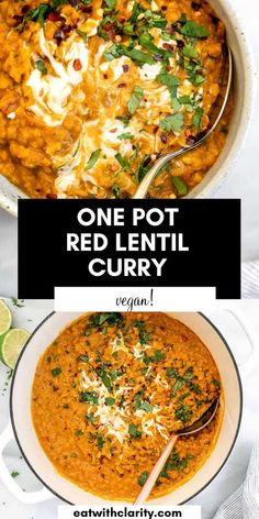 one pot red lentil curry recipe in a white bowl with spoons and lime slices