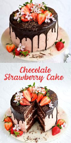 chocolate strawberry cake with one slice cut out and the other half is covered in strawberries