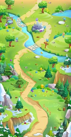 a cartoon landscape with a river, mountains and trees