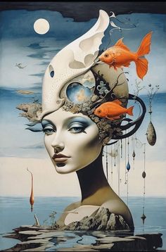 a woman with fish on her head and other things in the air above her head