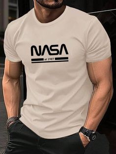 Apricot Casual Collar Short Sleeve Knitted Fabric Letter  Embellished Slight Stretch  Men Clothing Nasa Clothing, Polo Shirt Outfits, Text Pattern, Graphic Shirt Design, Clothing Packaging, Mens Sleepwear, Clothing Mockup, Slim Fit Shorts, Shirt Mockup