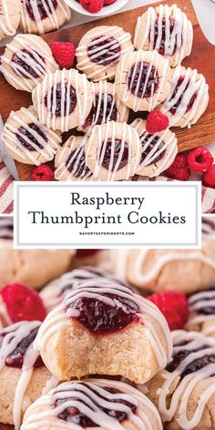 raspberry thumbprint cookies with white chocolate drizzled on top and fresh raspberries in the background