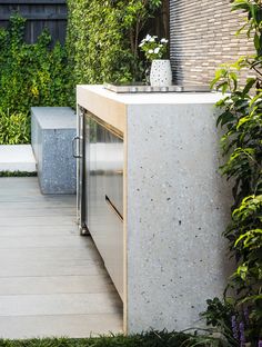 an outdoor kitchen with stainless steel appliances and plants on the outside wall, next to a concrete planter