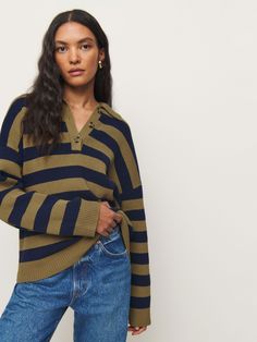 Cozy up. Shop the Brooklyn Cotton Polo Sweater from Reformation, a relaxed-fit cotton sweater with a polo neckline and buttons at the neck. Rugby Sweater, Work Wear Outfits, Fall Items, Technology Fashion, Celebrity Lifestyle, Sweater Trends, Music Entertainment, Swimwear Dress, Vintage Inspired Dresses