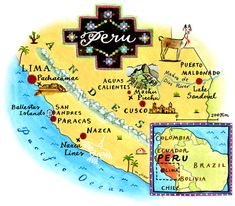 an illustrated map of peru with the capital and major cities in each country's borders