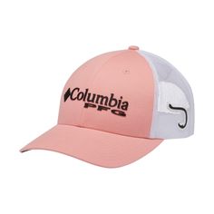 the columbia trucker hat is pink and white with black lettering on the front,