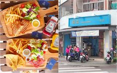 two pictures with food and people on motorbikes in front of a storefront