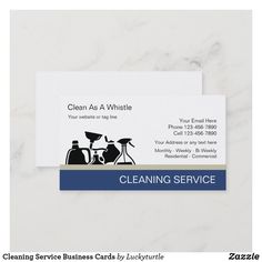 cleaning service business card on white marble with blue border and black silhouettes in the background