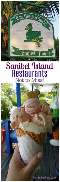 an ice cream cone with the words sanibel island restaurants not to miss on it