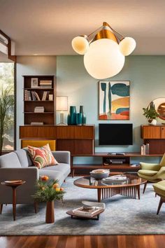 a living room filled with furniture and a flat screen tv on top of a wooden table