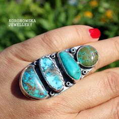 4 Different Turquise Stones Ring, Raw Gemstone Jewelry, Turquoise Band Ring, Boho Turquoise Ring, Artisan SIlver Jewelry, jewelry gift Stone: 4 types of turquise: arizona persian tibetan chinese Size of the stone with setting: 51 x 26 mm (2,01 x 1,02 in) Wide, comfortable, adjustable band Band material: 925 silver, oxidized, matt, polished Size: Adjustable Boho Turquoise Ring, Boho Turquoise, Raw Gemstone Jewelry, Jewelry Turquoise, Raw Gemstones, Multi Stone Ring, Multi Stone, Band Ring, Stone Rings