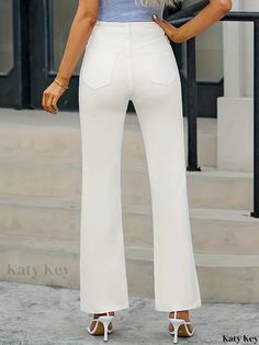 Katykey - High Stretch White Split Front Flare Jeans with Wide Legs - Womens Denim Apparel for Casual Bell Bottom Style Elegant White Denim Bottoms, Elegant White Denim Jeans, White Stretch Denim Bottoms, White Stretch High Waist Flare Jeans, White Non-stretch High Rise Jeans, White Non-stretch Mid-rise Jeans, Non-stretch White Mid-rise Jeans, White Non-stretch High-rise Jeans, White Non-stretch Pants