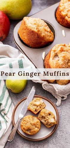 pear ginger muffins on a plate next to some apples