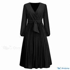 Orcajump - Womens Fitted Long-Sleeve Pleated Belted Mandarin Collar Dress Mandarin Collar Dress, Black Collared Dress, Sleeveless Wrap Dress, Long Sleeve Outfits, Wrap Around Dress, Belted Midi Dress, European Women, Classy Work Outfits, Skirt Belt