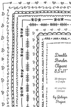 a set of hand drawn doodle borders with hearts and flowers in the middle, on white paper