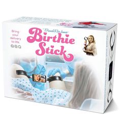 a box with an advertisement on it that says, birthie stick