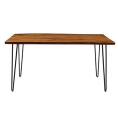 a wooden table with black hairpinks on the legs and a wood top, against a white background