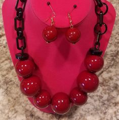 Wine Ball Necklace With Matching Earrings. Great Pop Of Color To Add To Your Jewelry Collection. Trendy Red Dangle Jewelry, Trendy Red Jewelry With Matching Earrings, Trendy Red Jewelry Set With Matching Earrings, Trendy Red Round Jewelry, Bold Jewelry With Matching Dangle Earrings, Bold Dangle Jewelry For Party, Butterfly Necklace Silver, Sand Dollar Pendant, Vintage Jewelry Repurposed