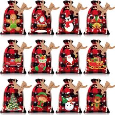 twelve christmas bags with santa's sack and reindeers on them, all decorated in red