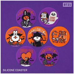 six halloween themed badges on a purple background