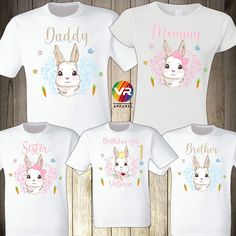 "Bunny Family Shirts PLEASE CHECK CHART SIZE FOR ACCURATE SIZE SELECTION. ♥ Man WHITE T-shirts * Youth WHITE T-Shirts ✔Brand: Fruit of the Loom *5 oz., pre-shrunk 100% cotton *High-density fabric for exceptional print clarity *Seamless 1x1 ribbed collar *Shoulder-to-shoulder taping *Double-needle stitched sleeves, bottom hem and front neck *Quarter-turned ---------------------------------------------------------------------------------------------------------------------------------------------- Cute Family T-shirt With Funny Print, Cute Crew Neck Top For Family Occasions, Cute Crew Neck Top, White Family Matching T-shirt, Family Matching Shirts With Funny Print, Family Matching T-shirt With Funny Print, Easter Graphic Print Short Sleeve Tops, Cute White Shirt For Family Events, White Matching Shirt With Name Print