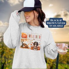 Celebrate the fall season in style with our "Sweater Weather" English Springer Spaniel sweatshirt, designed especially for Springer Spaniel fans who are thankful, blessed, and just a little bit of a mess. Featuring cozy fall colors and a charming graphics, this sweatshirt is perfect for crisp autumn walks with your loyal companion or sipping on your favorite seasonal beverage. Embrace the warmth and love of the season while showcasing your love for fall. Please enter Black or Liver (Brown) in th Cozy Dog, Crisp Autumn, Pumpkin Sweatshirts, English Springer, English Springer Spaniel, Pumpkin Season, Springer Spaniel, Thanksgiving Gift, Quirky Design