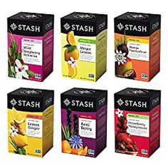 six boxes of stash tea with different flavors