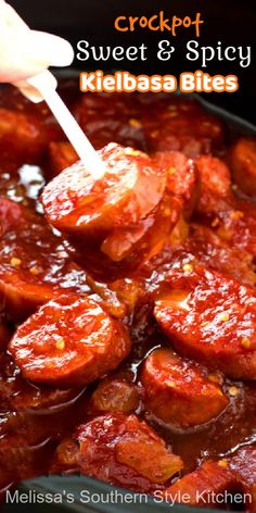 crockpot sweet and spicy kielbasa bites are an easy, delicious side dish