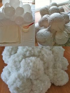 there are several different pictures of cotton balls on the floor and in front of them