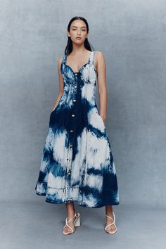 Enigma Denim Midi Dress | Tie Dye Indigo | Aje – Aje World Aje Denim Dress, Denim One Piece Dress, Indigo Maxi Dress, Indian Outfits Modern, Shibori Dress, Denim Dress Outfit, Indigo Dress, Organic Nature, Tie Dye Denim